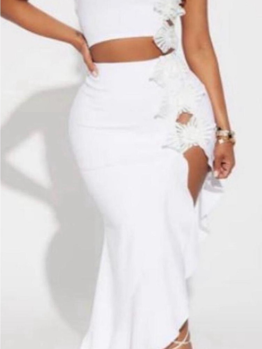 Fashion Nova White Lace-Applique High-Slit Maxi Skirt